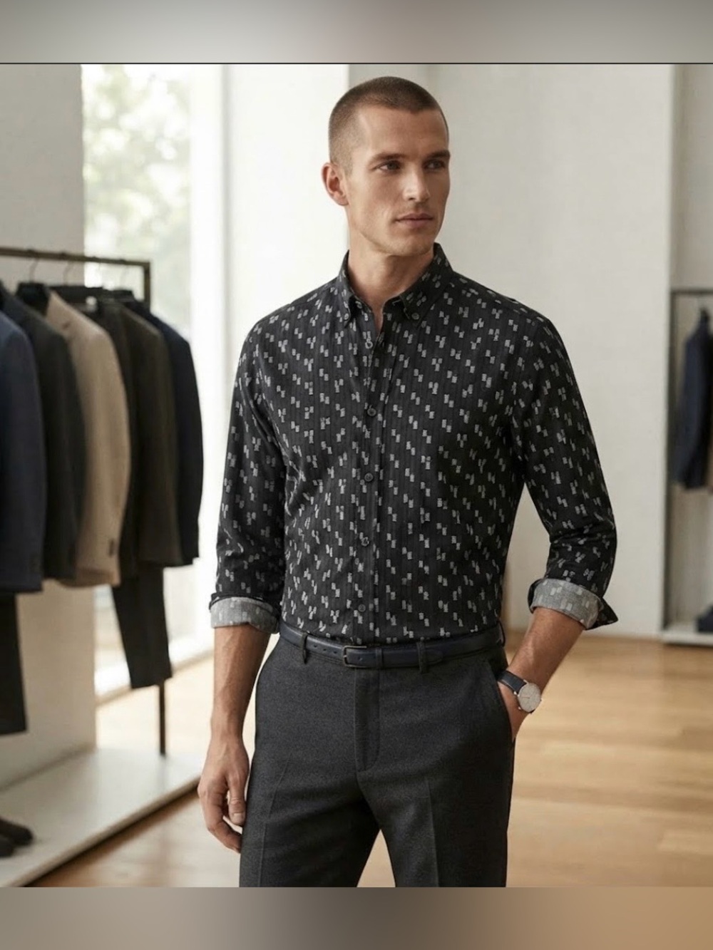 Massimo Dutti Black Button-Down Shirt with Gray Pattern size M
